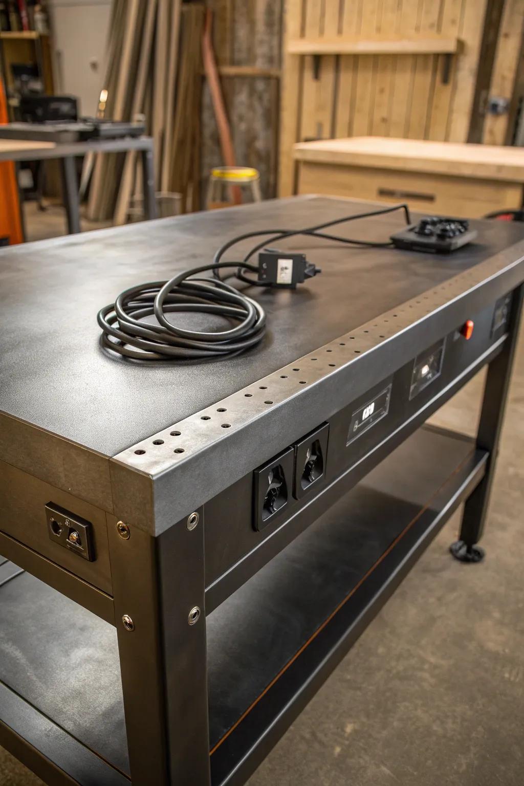 Elevate your workspace with a metal table that combines style and utility, complete with built-in outlets for a clutter-free environment.