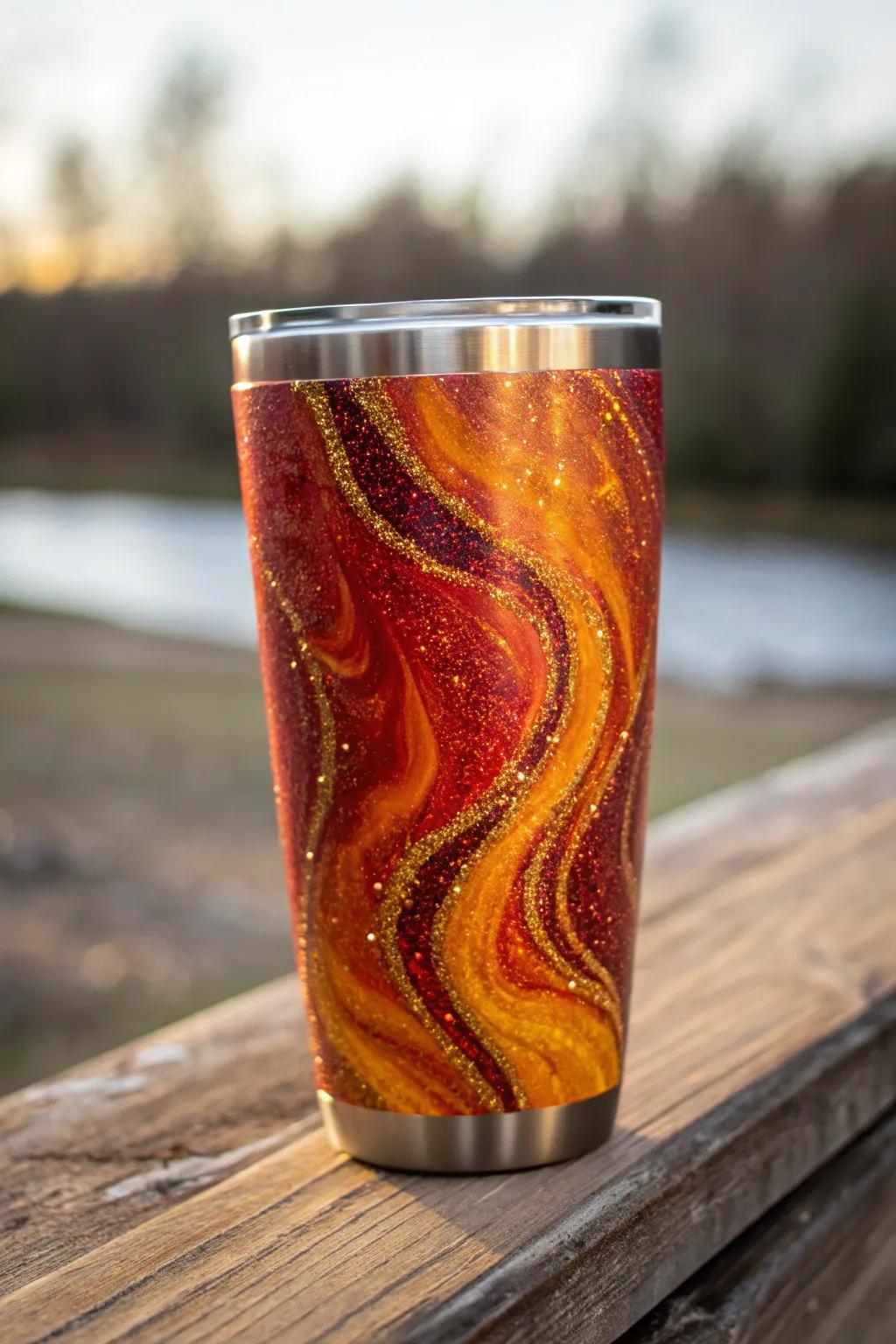 Sip in style with a tumbler that captures the fiery beauty of a sunset.