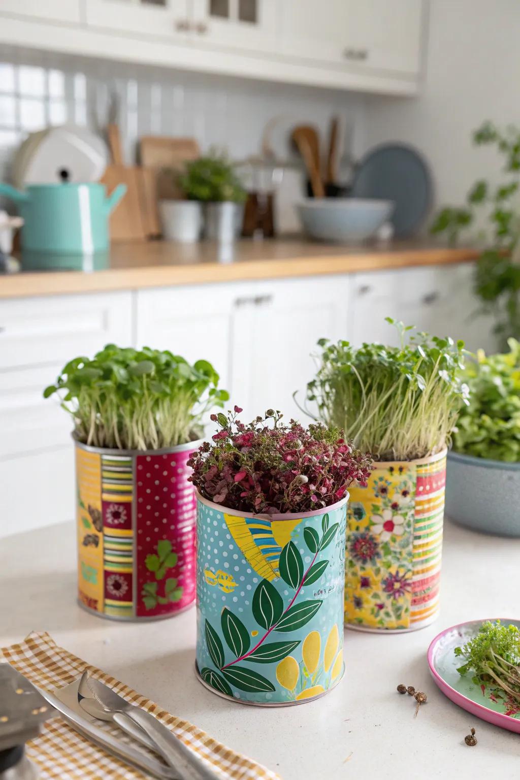 Creative and colorful: Upcycled tin cans for growing microgreens.