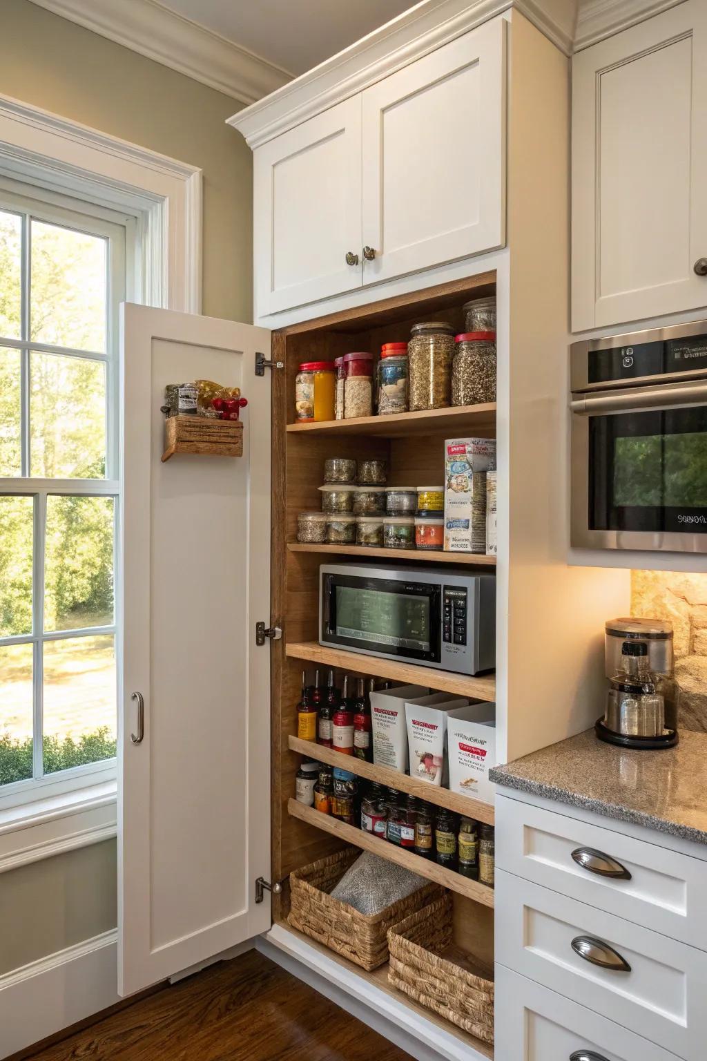 A well-organized pantry with a built-in microwave.