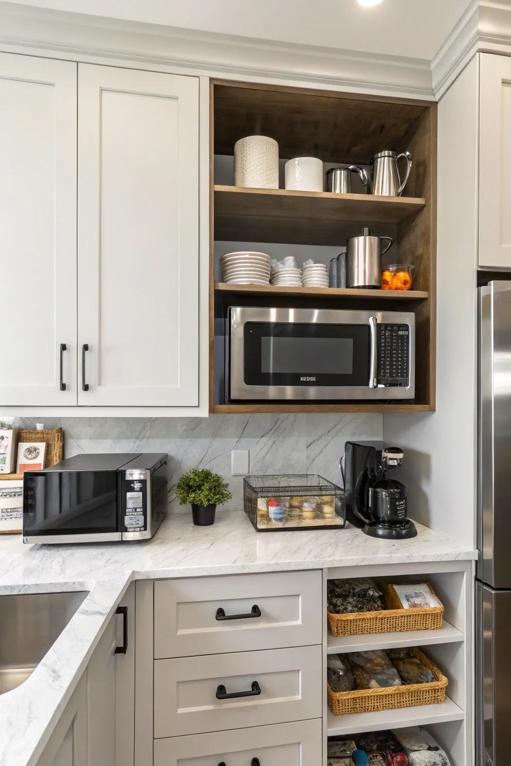 Upper shelves help declutter countertops while keeping your microwave accessible.