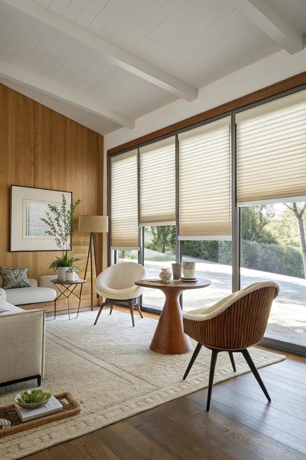 Cellular shades combine energy efficiency with mid-century style.