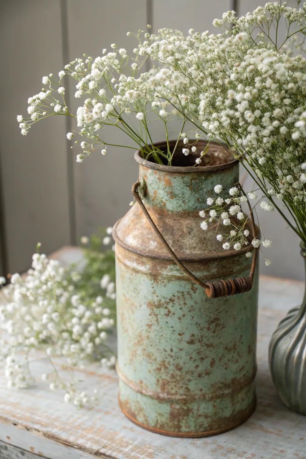 Natural patina on a milk can adds vintage elegance.