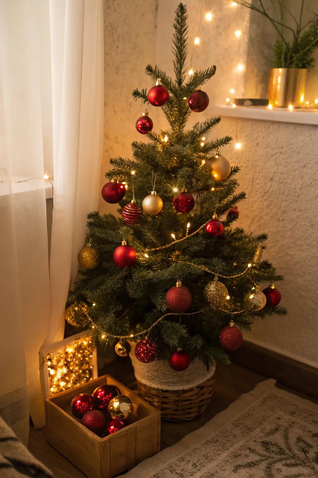 A traditional mini Christmas tree with red and gold ornaments.