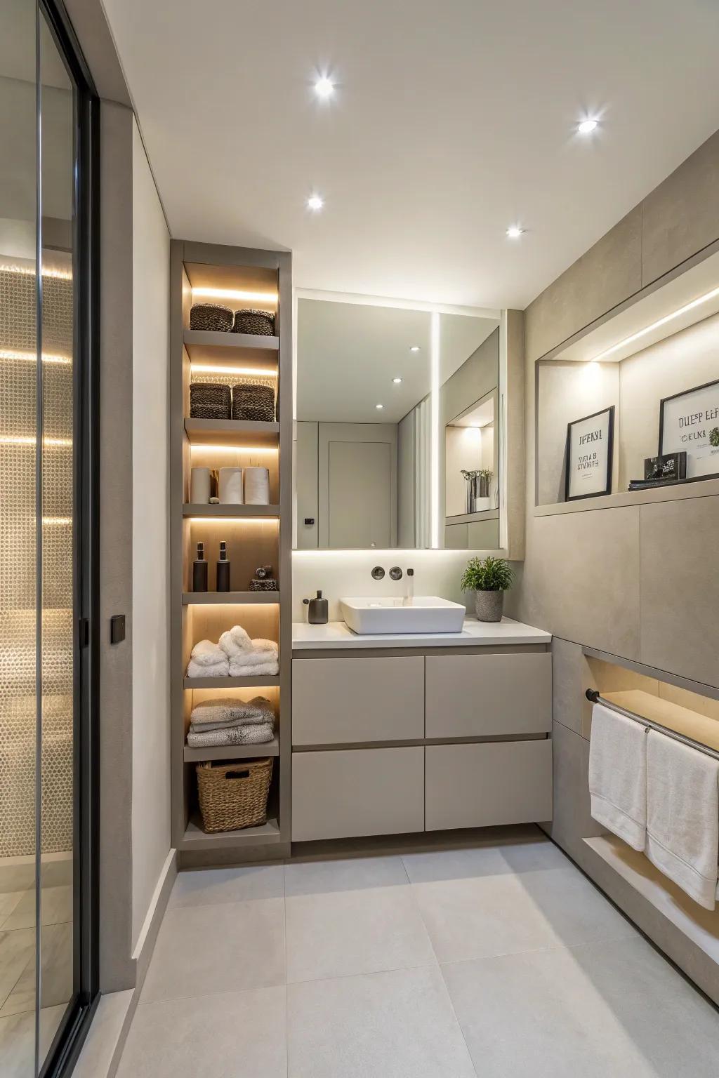 A minimalist bathroom with clever storage solutions.