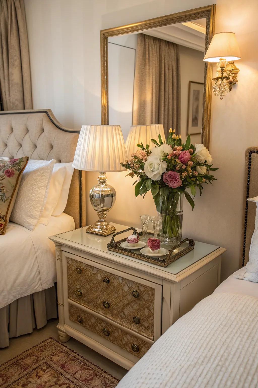 Add romance to your bedroom with a mirror tray on your bedside table.