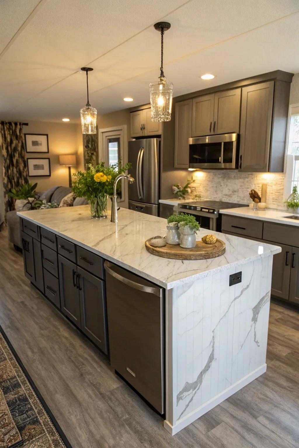 A marble-topped island adds elegance and luxury to the kitchen.