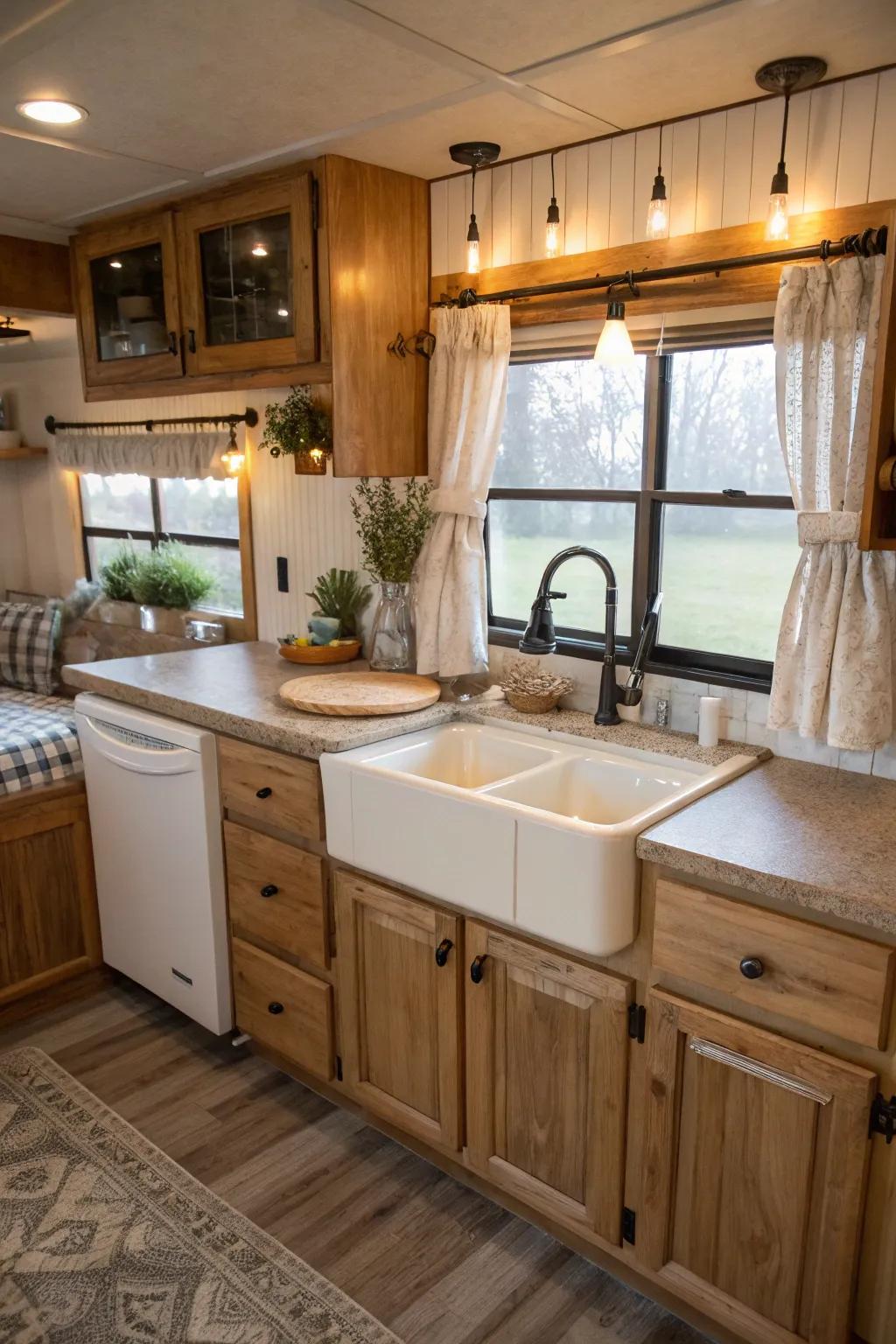 A mobile home kitchen showcasing a charming farmhouse sink.