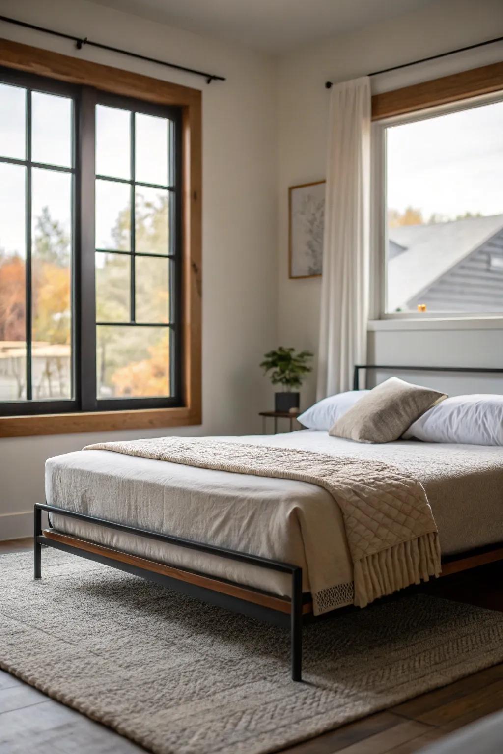 An airy bed frame enhances light flow and complements minimalist decor.