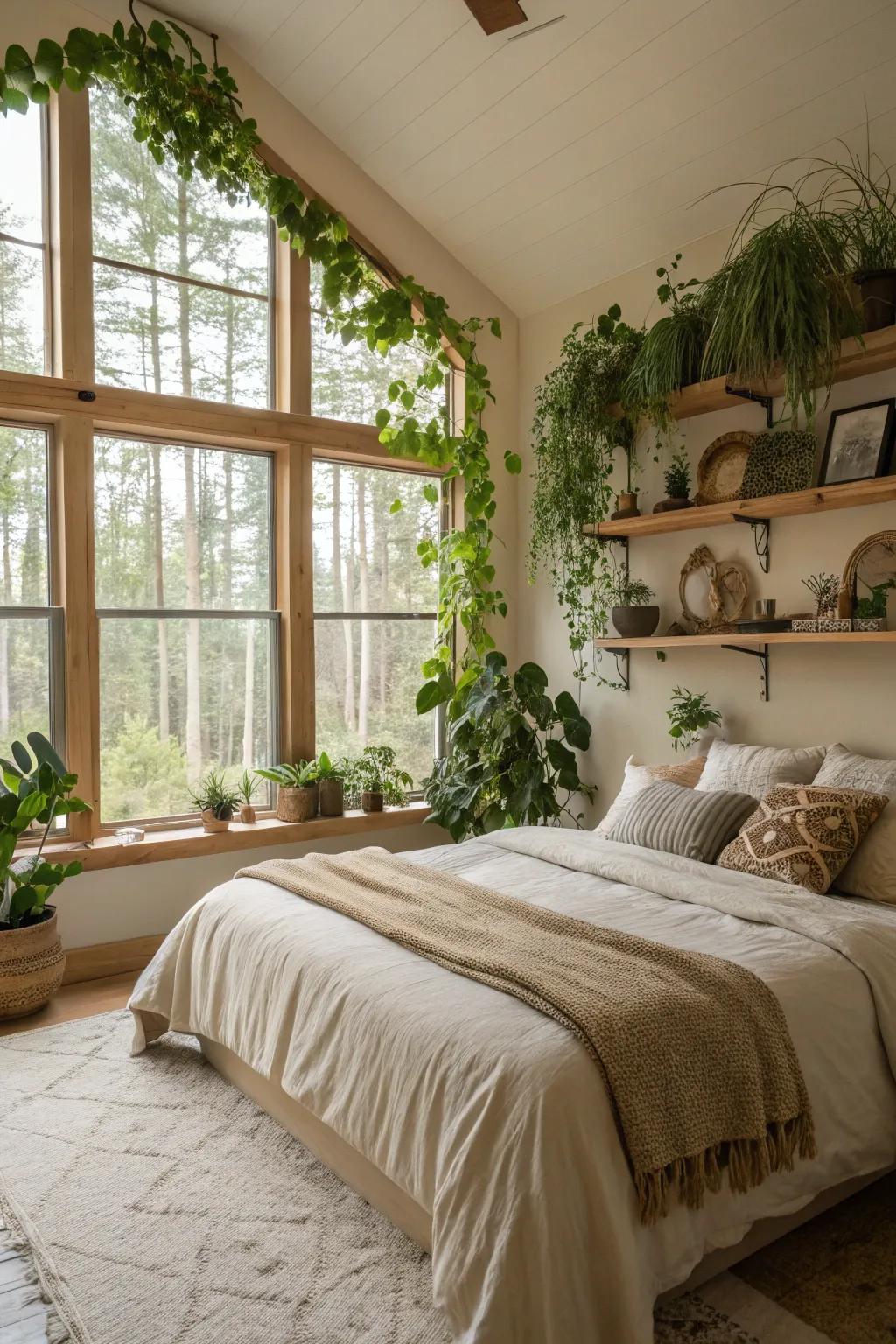 Greenery adds a refreshing contrast to a beige bedroom.