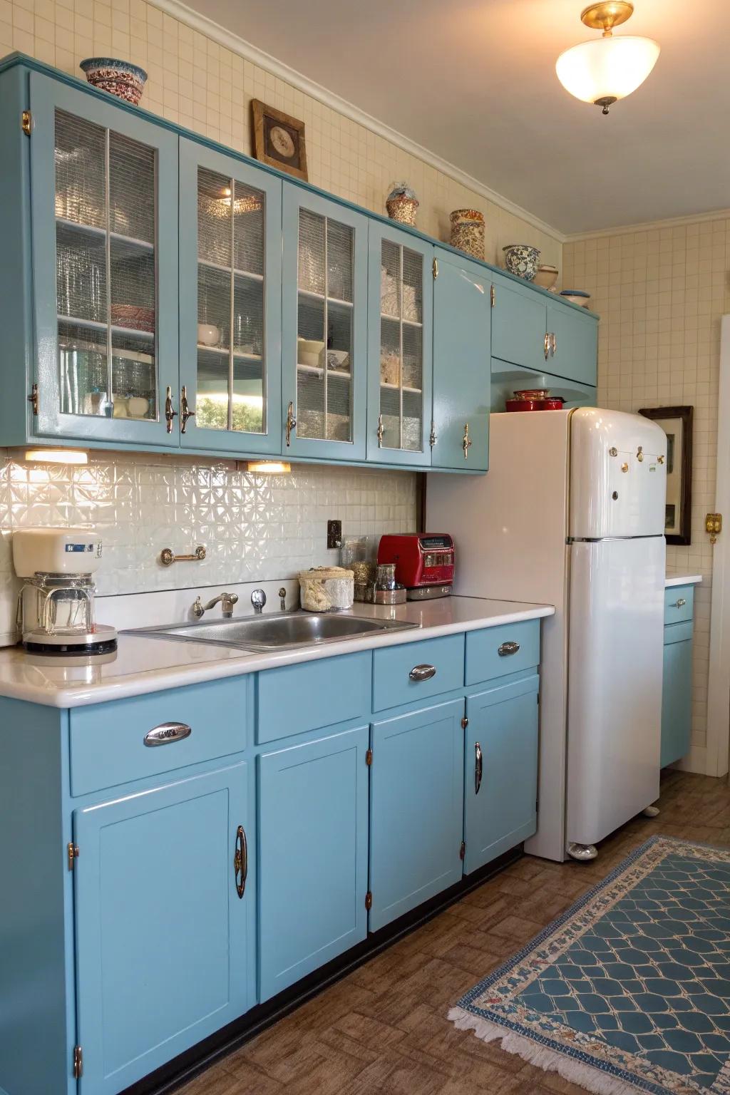 Vintage blue cabinets add timeless charm to this kitchen.