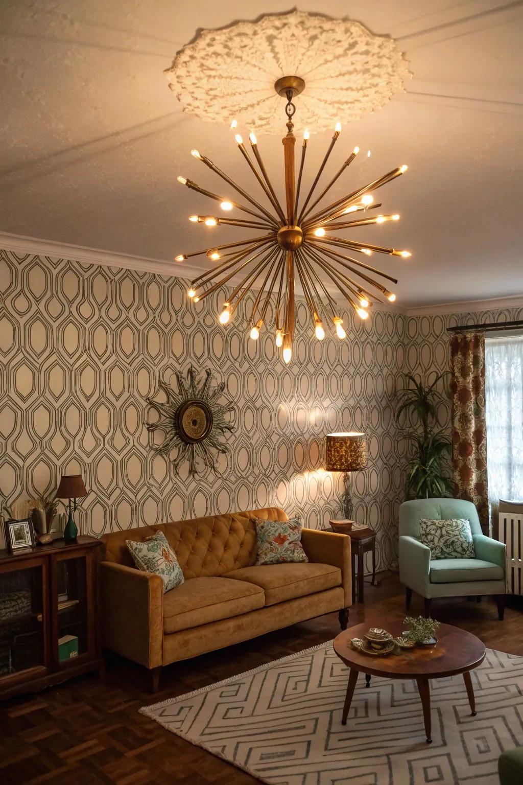 Mid-century modern chandeliers add a retro touch to living spaces.