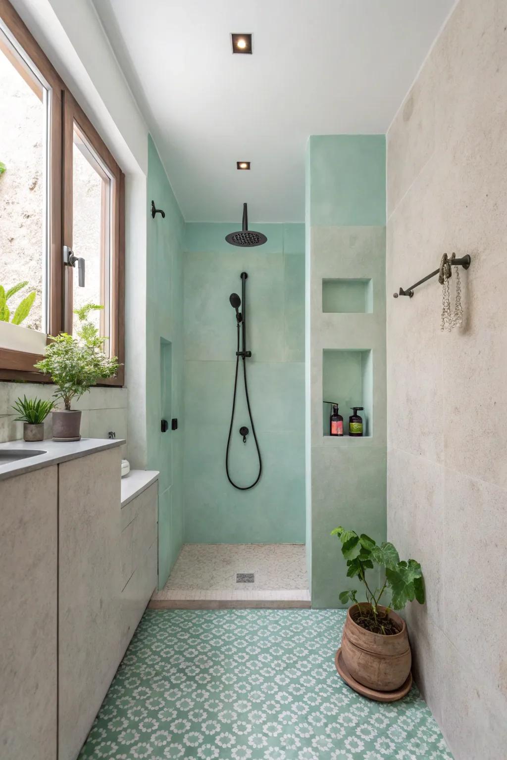 A soft-textured micro-cement shower in a pastel-themed bathroom.