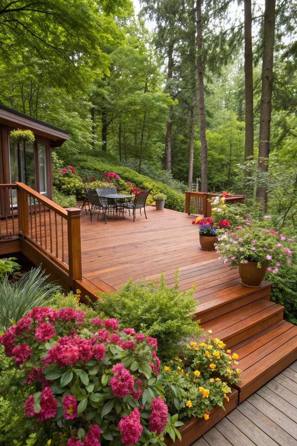 Redwood decks add a vibrant touch, perfect for lush, green landscapes.