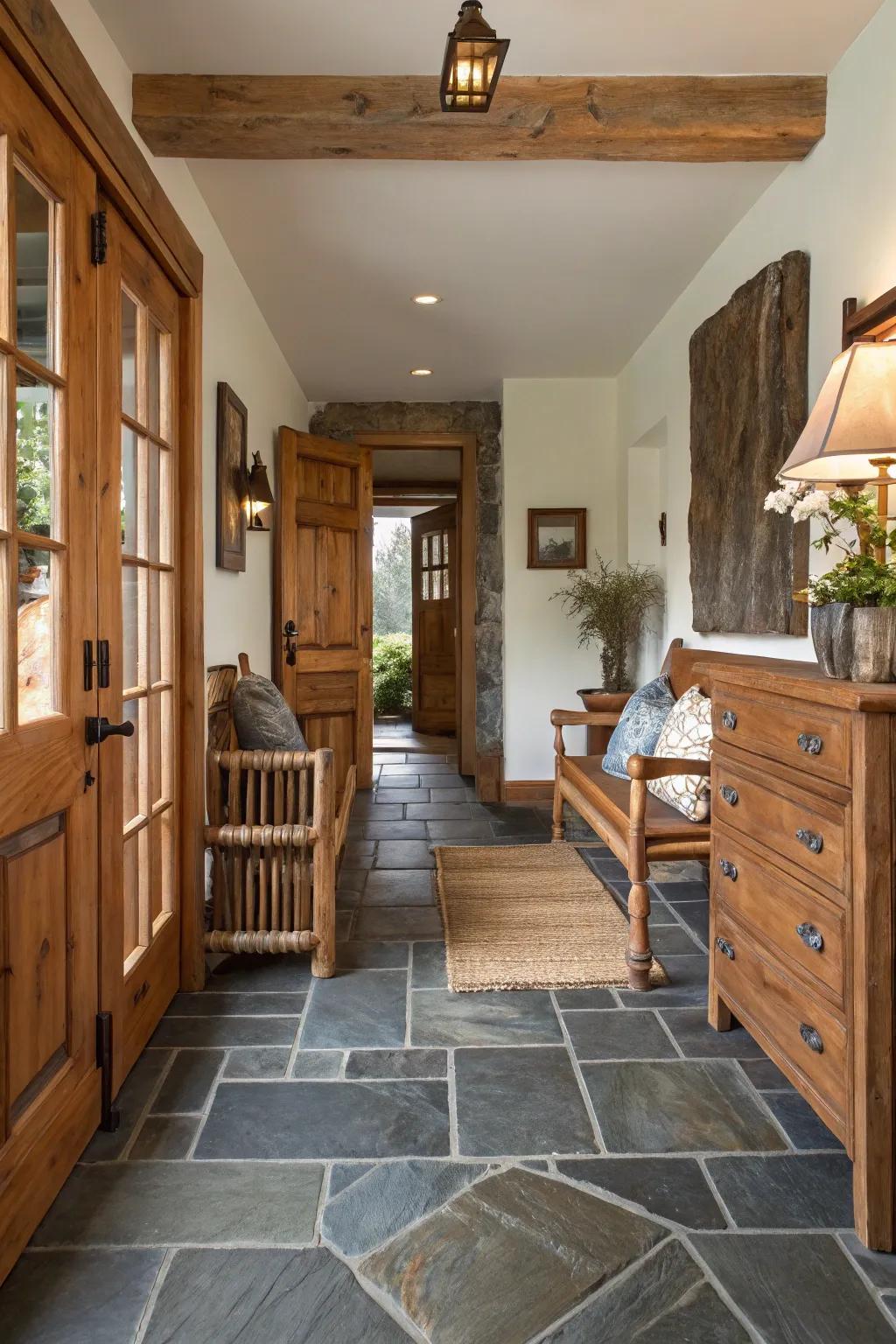 Slate tiles provide a rustic and inviting atmosphere in this entryway.