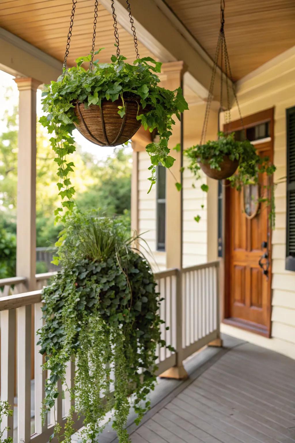 Hanging planters add vertical interest to a fall porch.