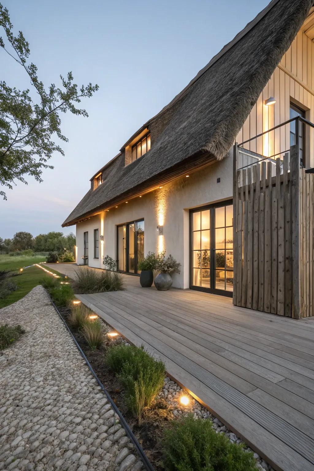 Minimalist LED lights offer a modern touch to this farmhouse exterior.