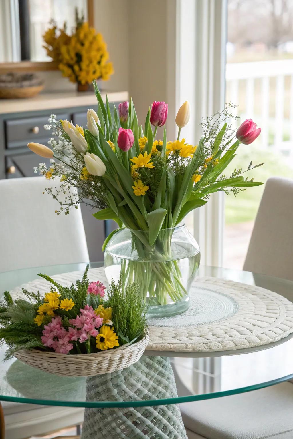 Seasonal displays, like fresh flowers, bring a dynamic touch to a glass dining table.