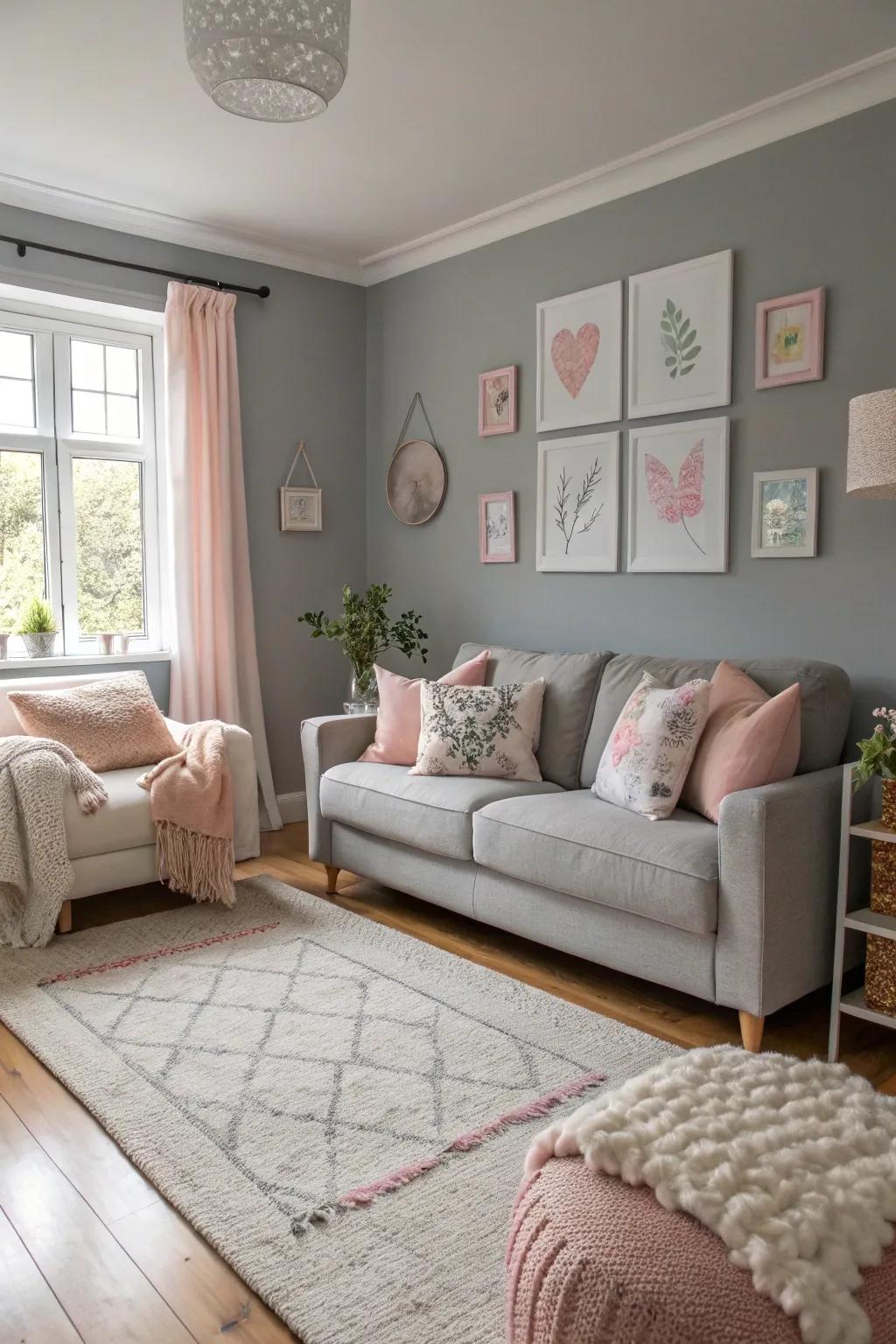 Pastel accents add a soft, serene touch to a gray living room.