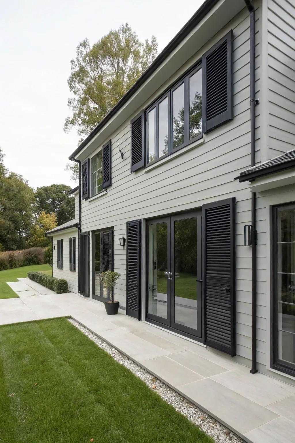 A modern house with a light grey exterior, featuring jet black doors and shutters for a bold look.