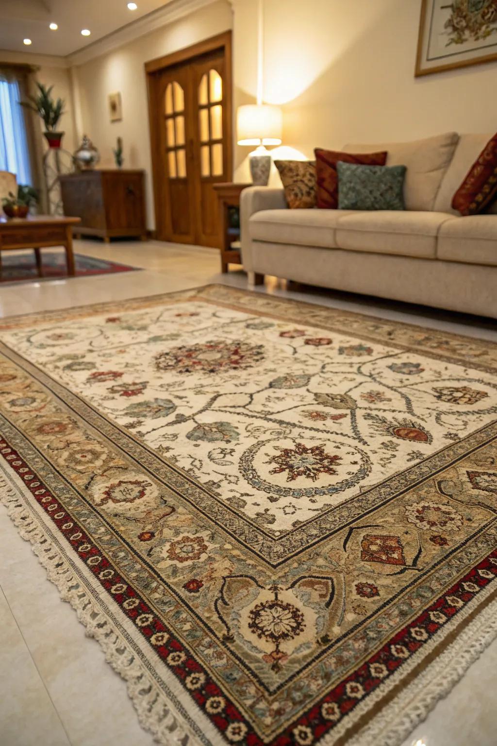 A vintage rug adds history and comfort underfoot in the living room.