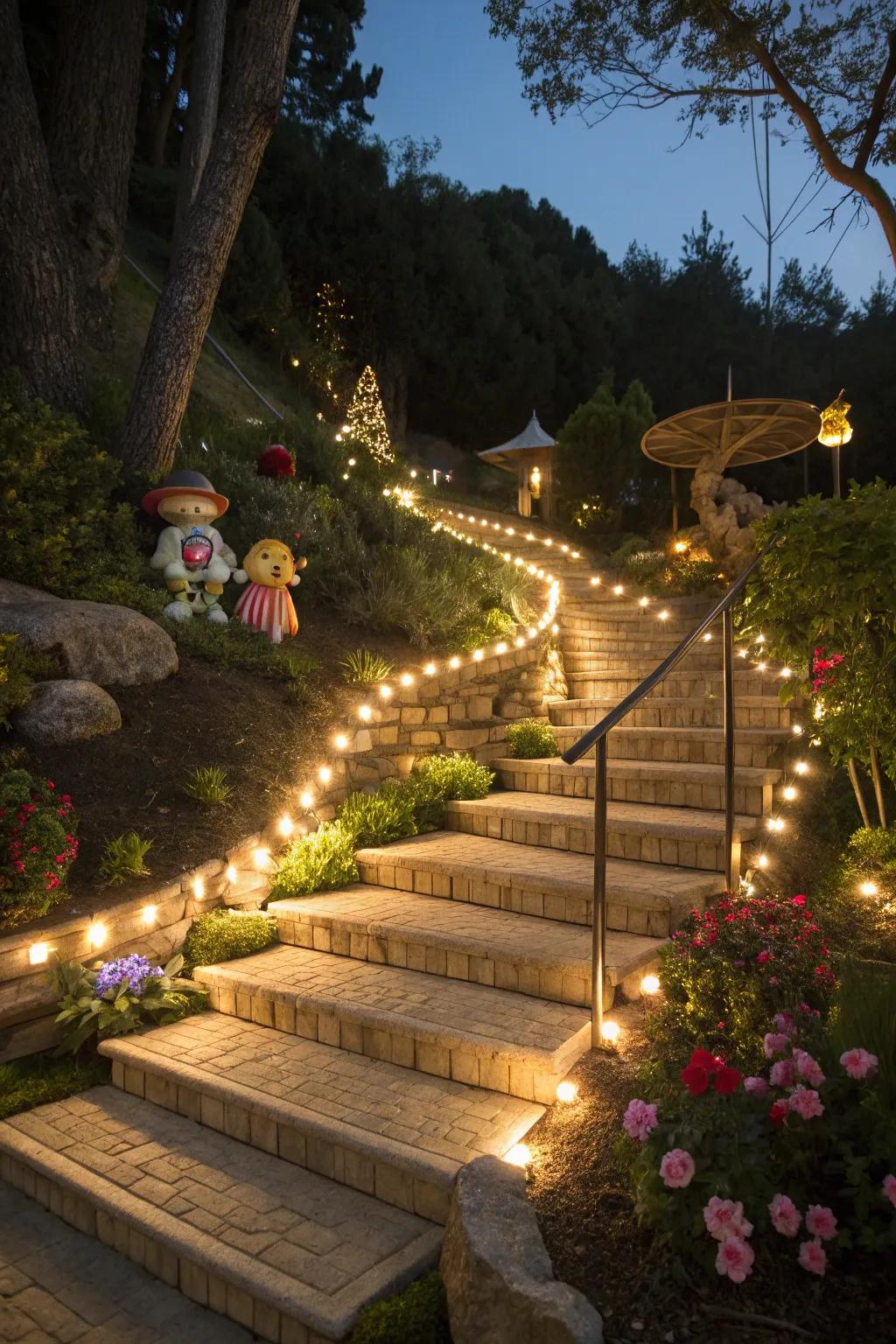 Rope lights offering a continuous and decorative lighting solution for outdoor steps.