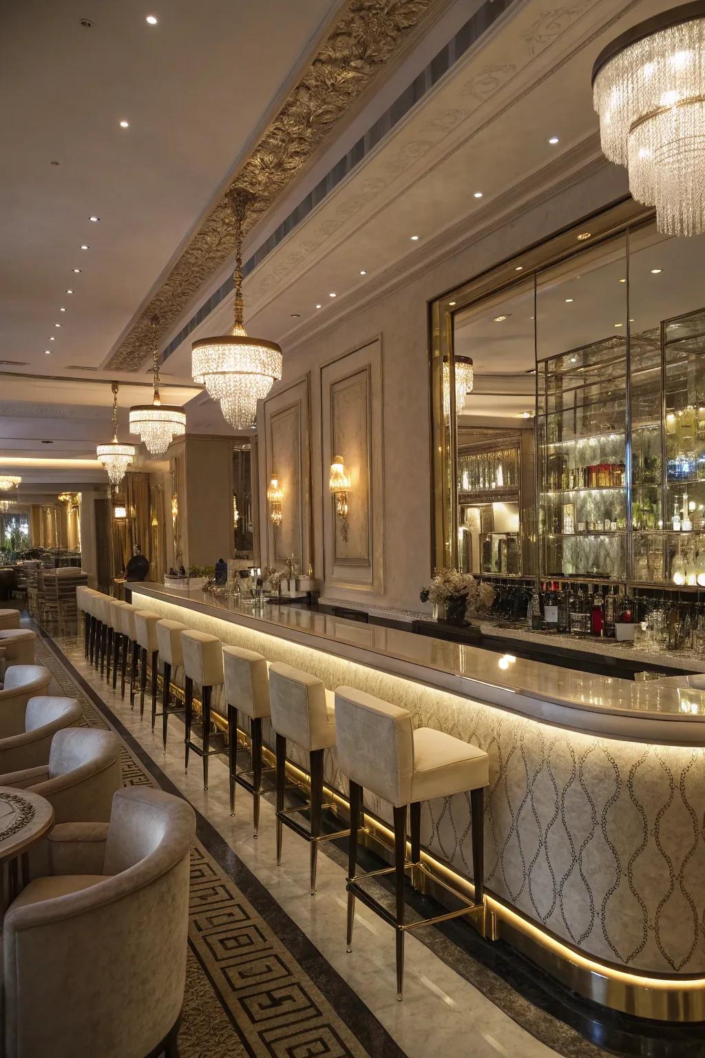 A glamorous L-shaped bar with plush seating and elegant details.