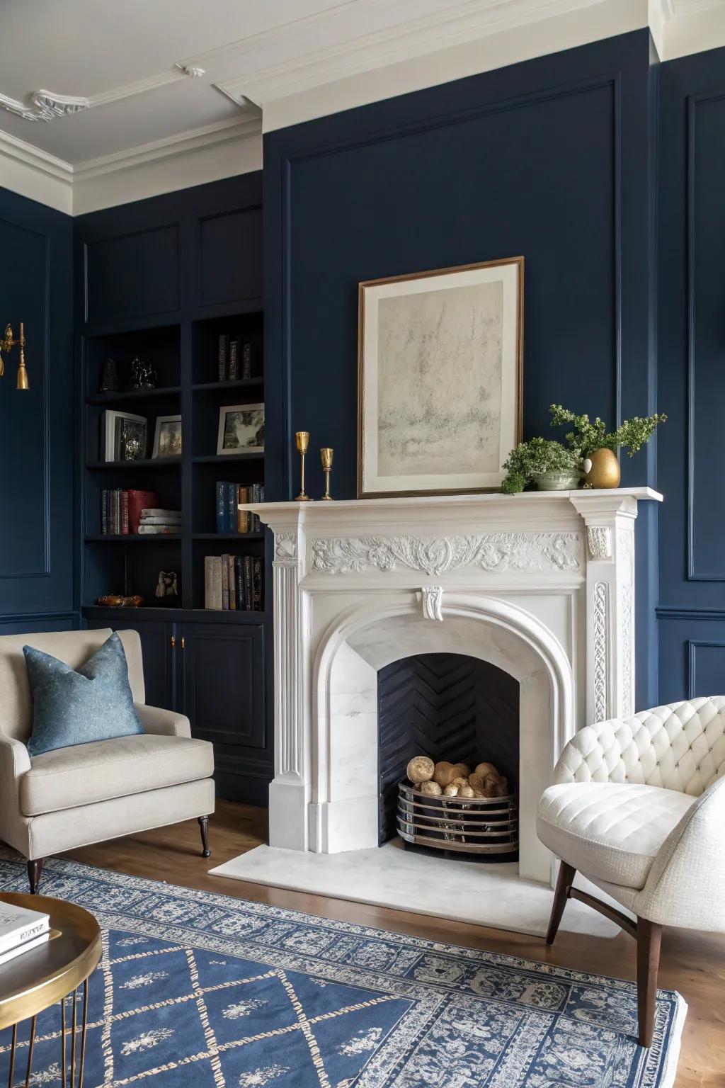 Contrasting colors around a plaster fireplace create a dramatic effect.