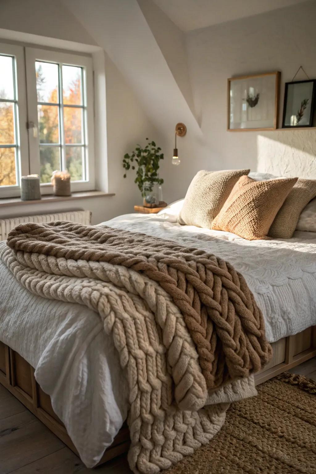 Chunky wool blankets add coziness and texture to a rustic bedroom.