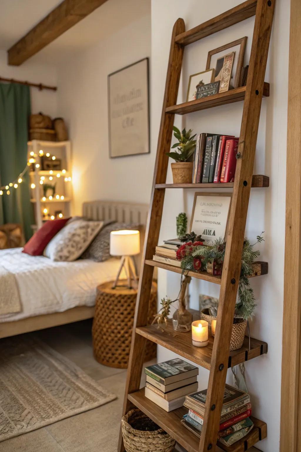 Ladder shelves add a casual touch to the decor.