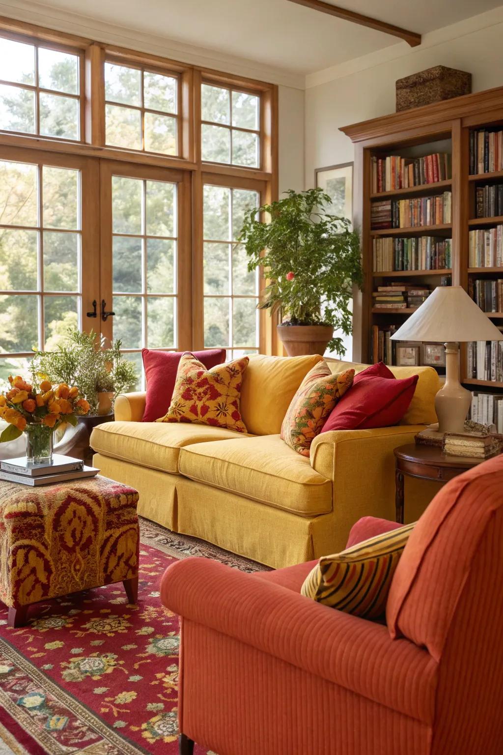 Yellow paired with orange and red creates a warm and lively living room.