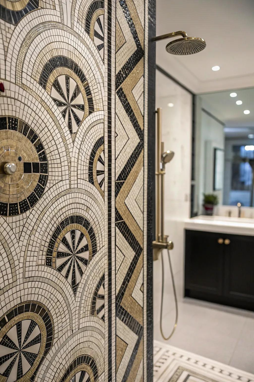 Art Deco mosaics bring a touch of glamor to this shower.