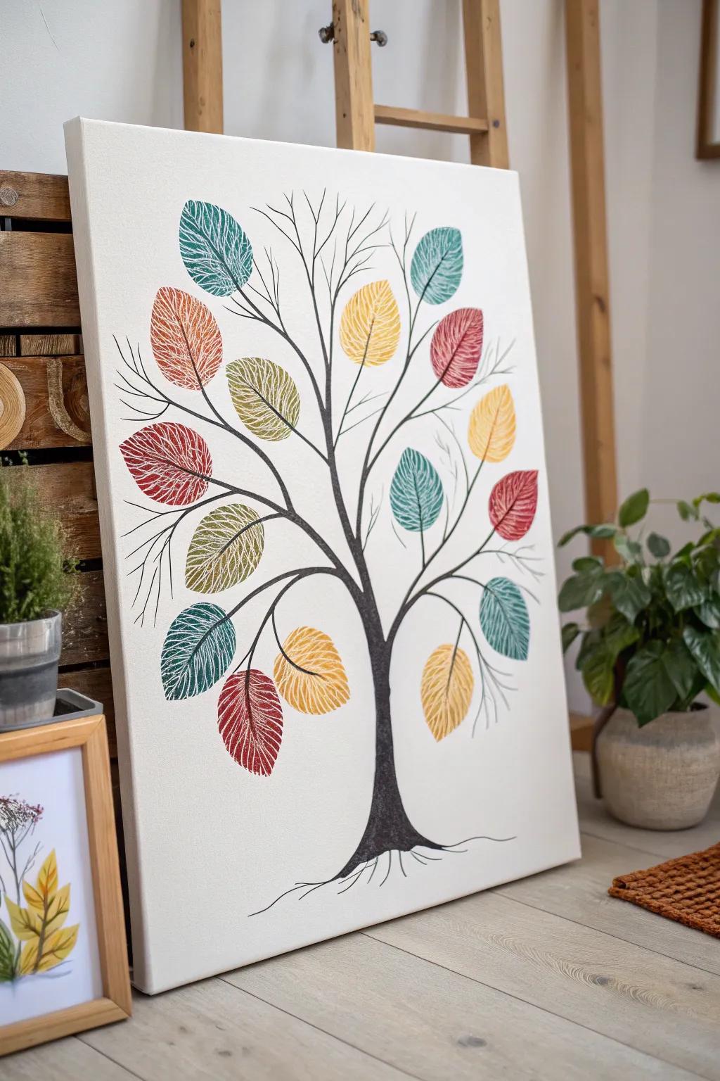 Create a cherished family heirloom with a fingerprint family tree, blending minimalist design with vibrant boho colors.