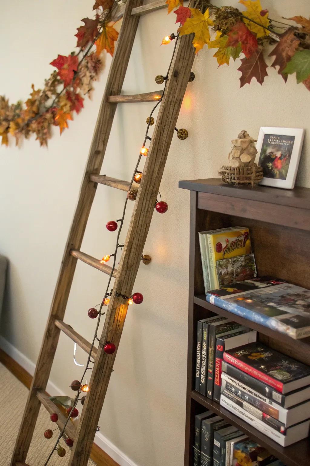 A decorative ladder used to stylishly store DVDs and seasonal garlands.