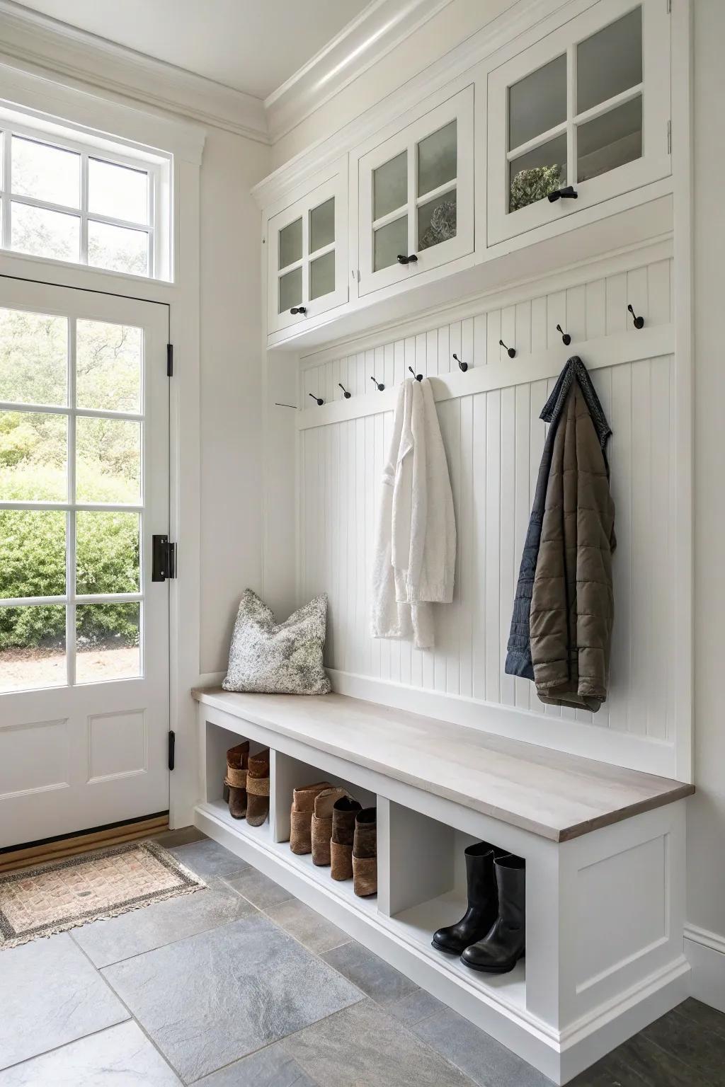 Shaker-style benches bring simplicity and elegance to mudrooms.