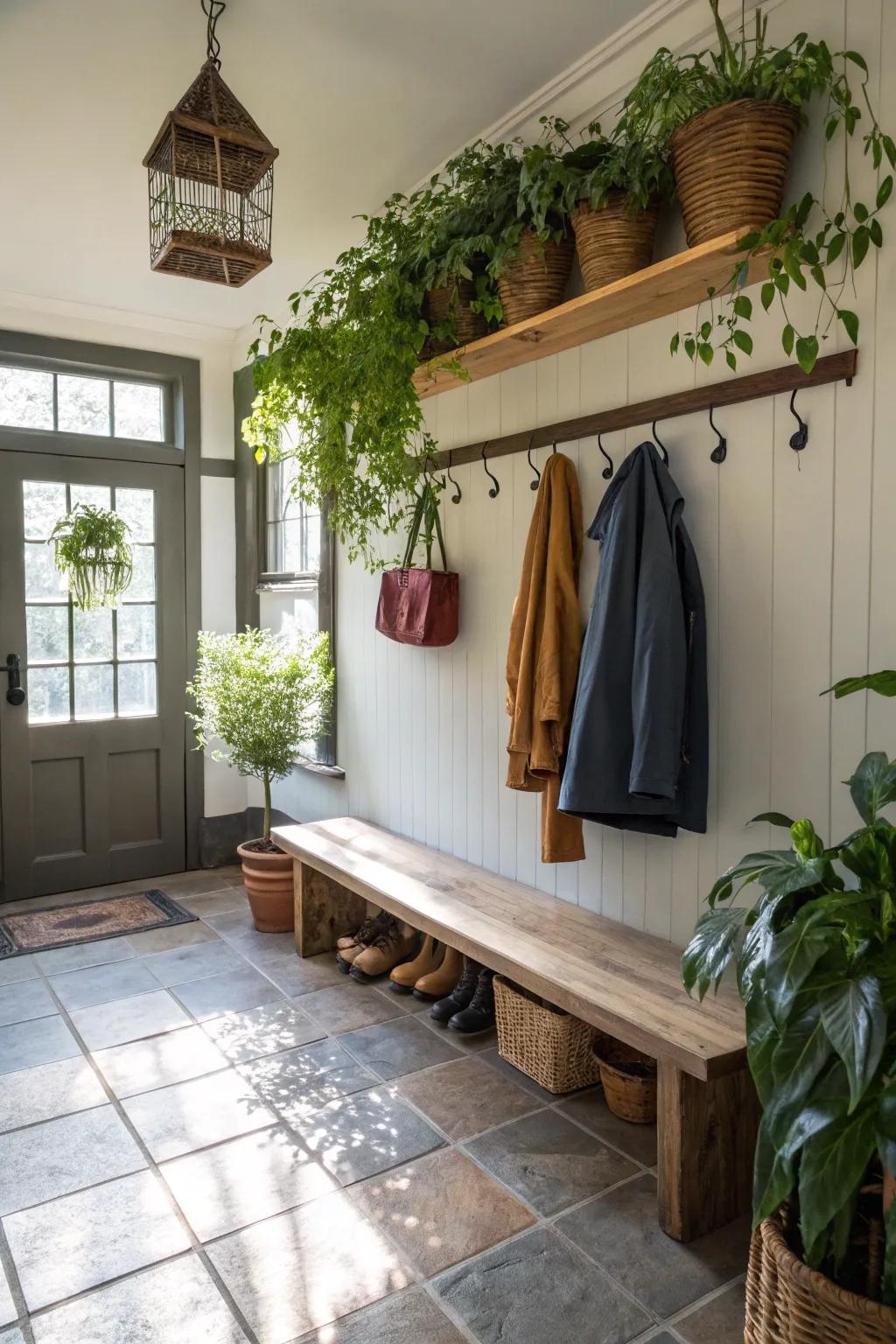 Incorporating plants adds a lively and refreshing touch to your mudroom.