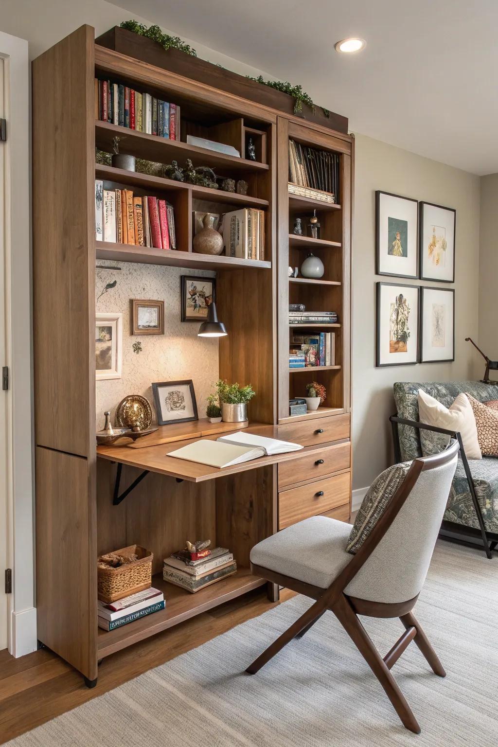 Keep your favorite books close with a Murphy desk featuring built-in bookshelves.