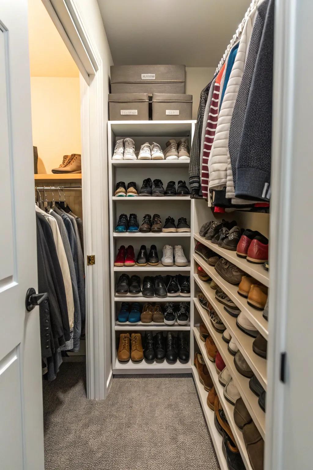 Adjustable shoe shelves keep footwear organized and off the floor.