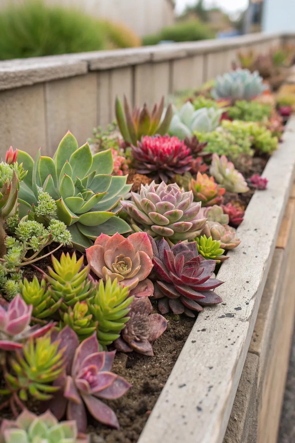 Succulents offer a low-maintenance option for narrow flower beds.