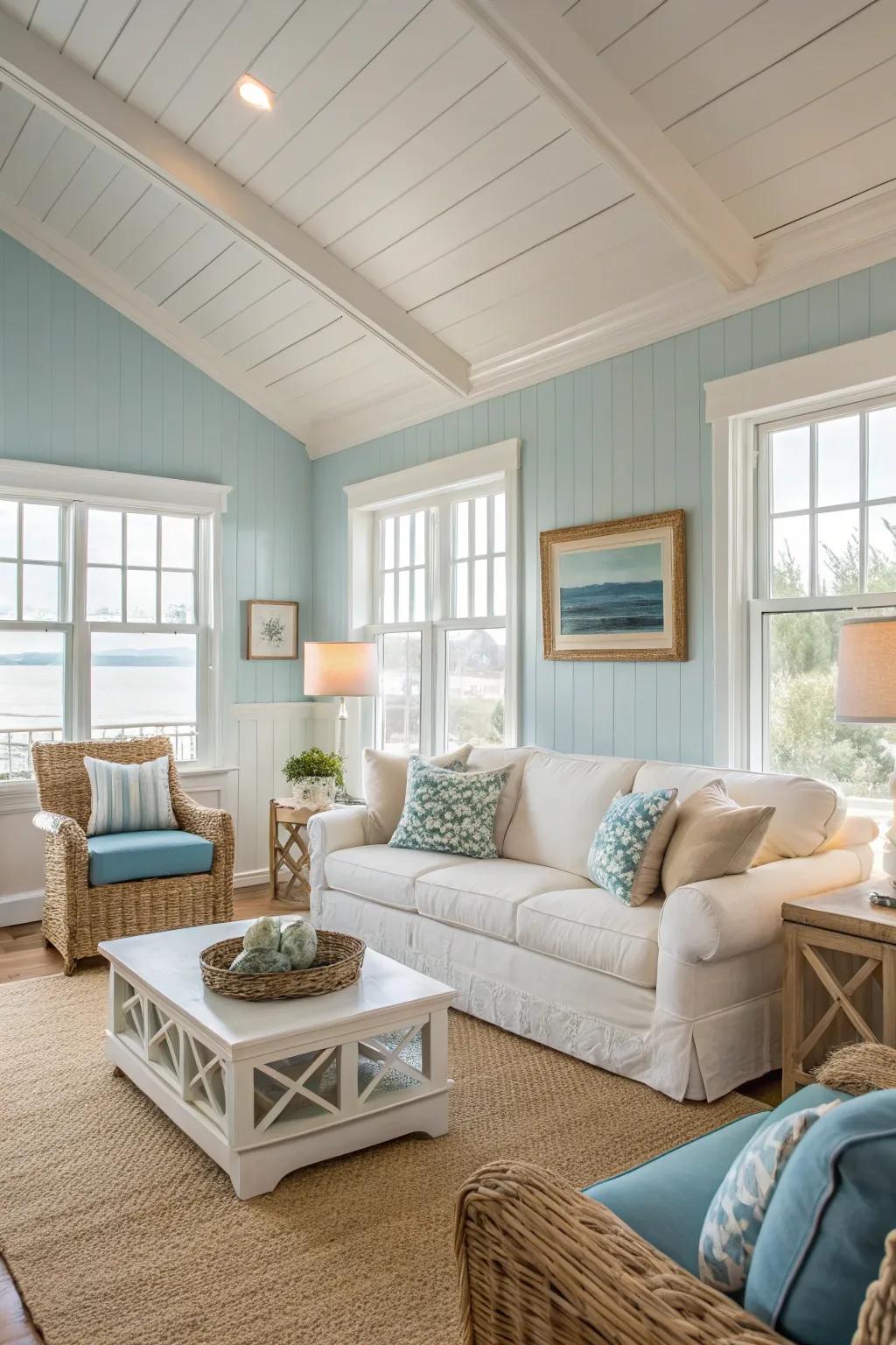 A marine-inspired color palette creates a serene coastal atmosphere.