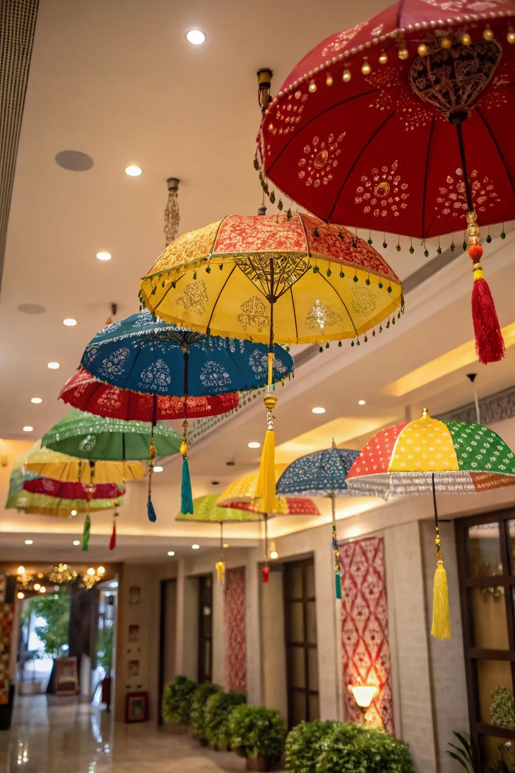 A room adorned with colorful hanging decorative umbrellas for Navratri.