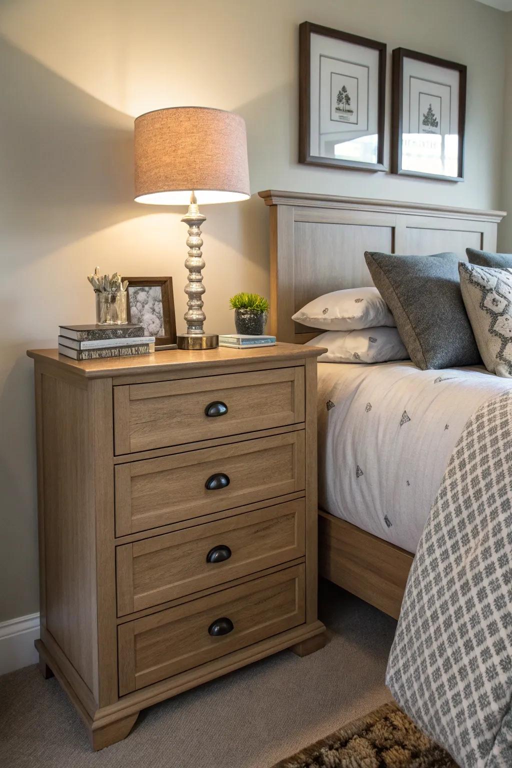 A chest of drawers serving as a nightstand, offering ample storage in the bedroom.