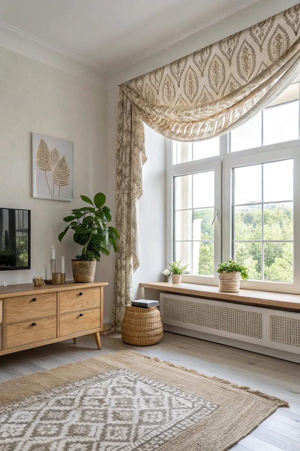 Effortlessly chic: Transform your windows with a no-sew valance using magnetic strips for a touch of boho elegance.