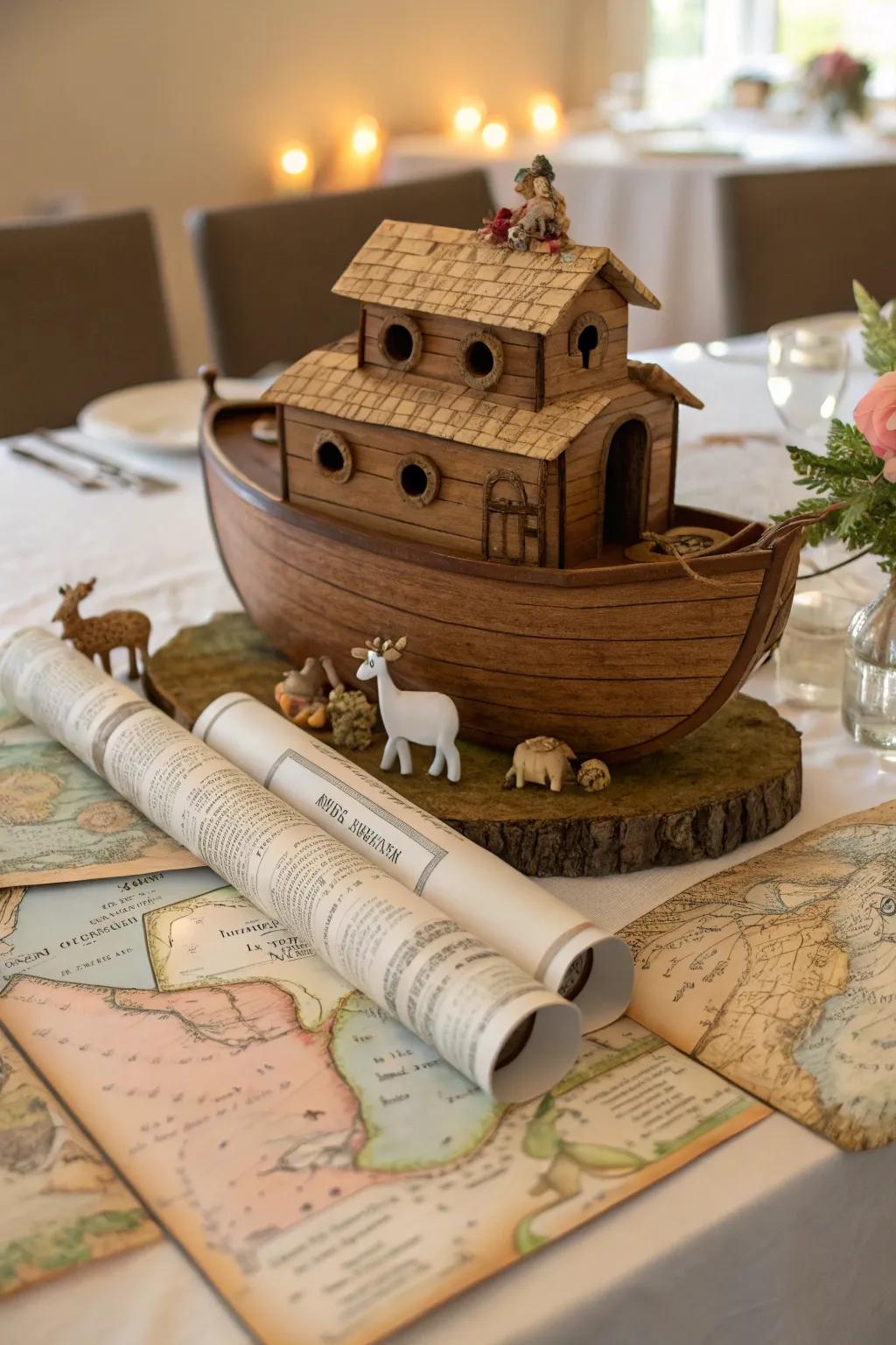 Vintage maps add a historical touch to this Noah's Ark centerpiece.