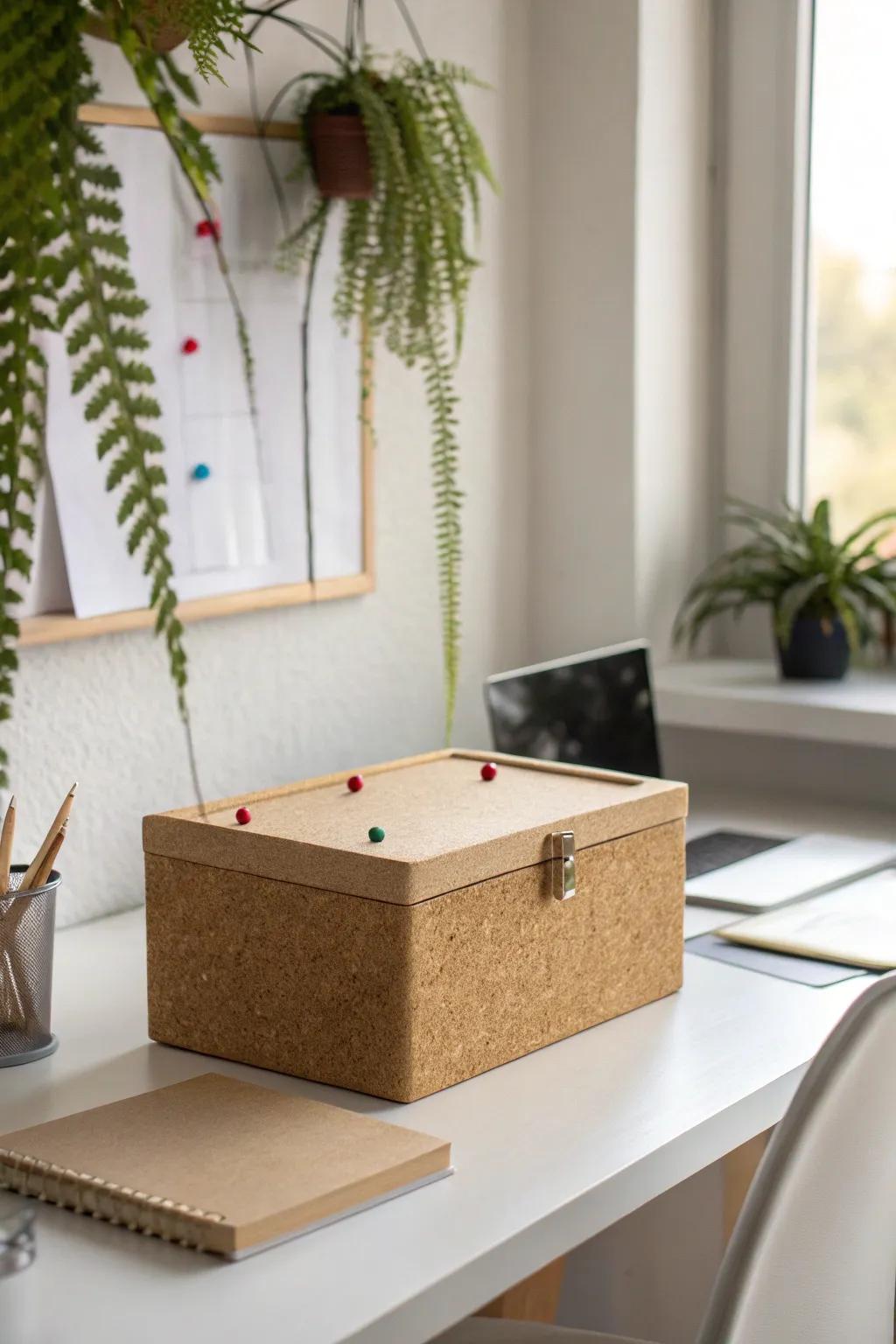Organize with style: A chic corkboard box for your notes.