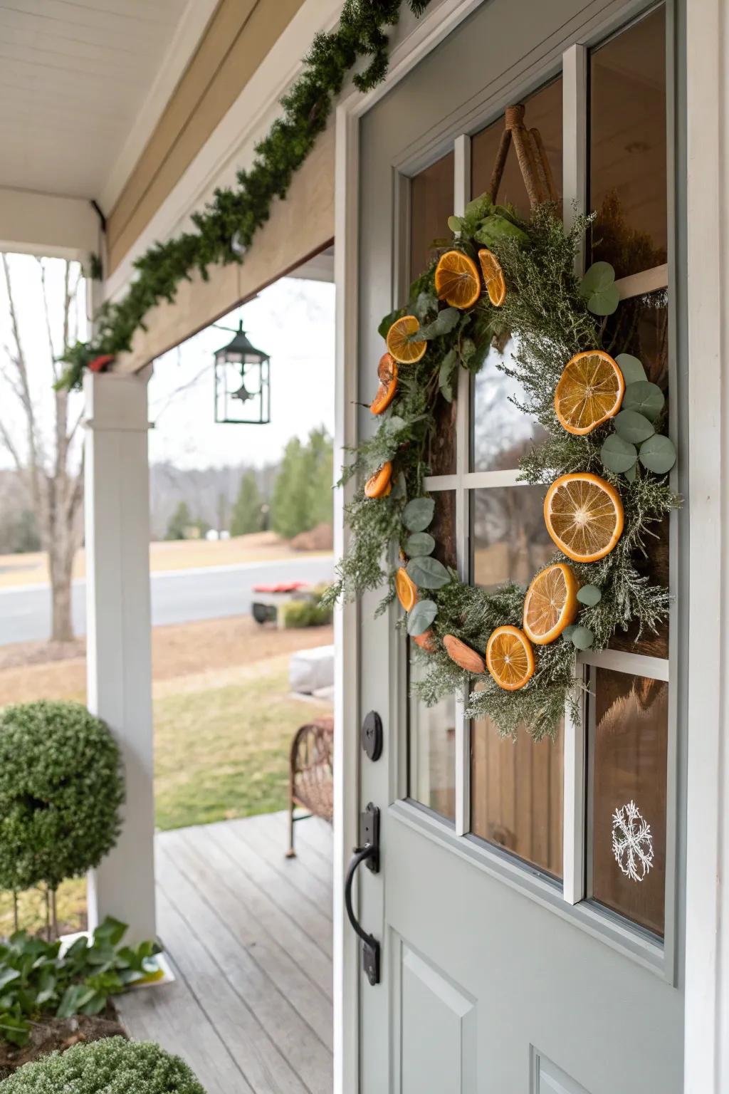 Welcome guests with a unique wreath that combines eucalyptus and dried citrus for an aromatic entrance.