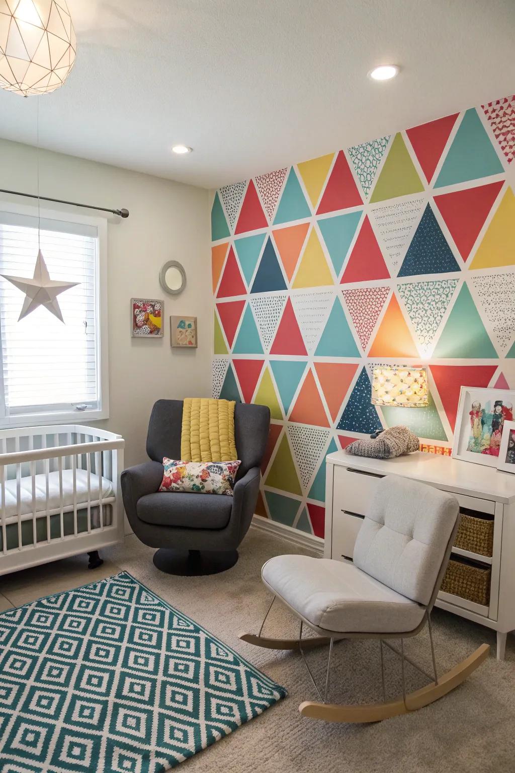 A vibrant nursery with a geometric pattern accent wall adding playful energy.