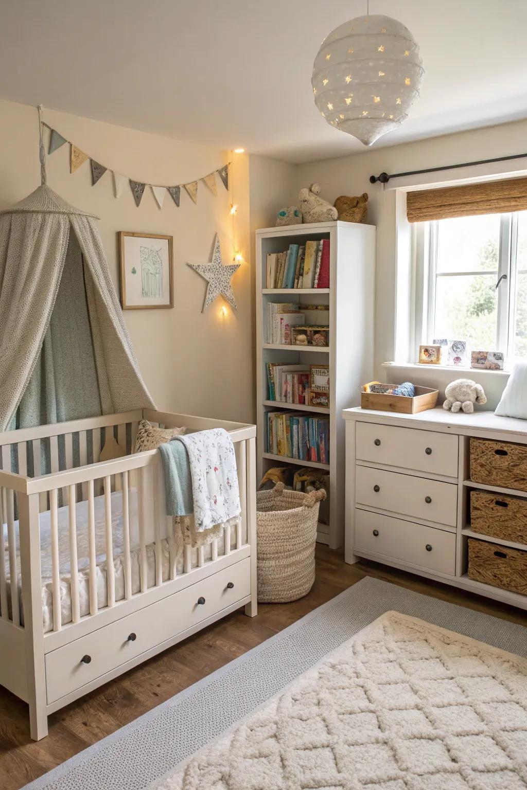 Multi-functional furniture that maximizes utility in a nursery corner.