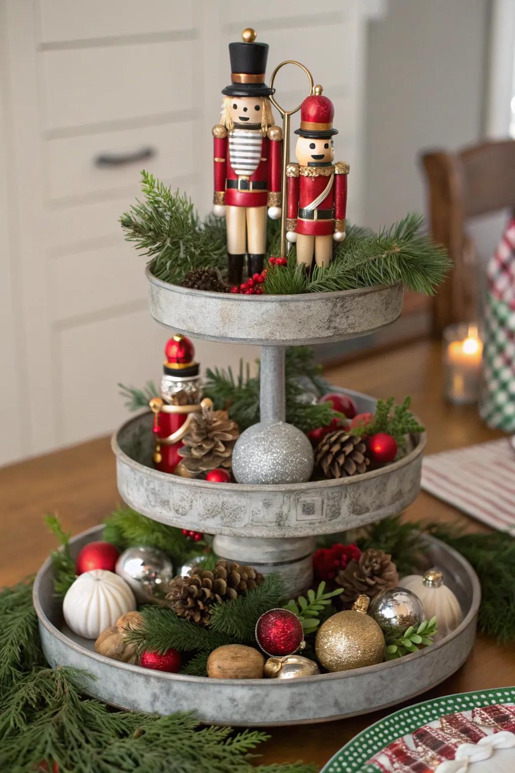 A tiered tray display creates an enchanting holiday scene.