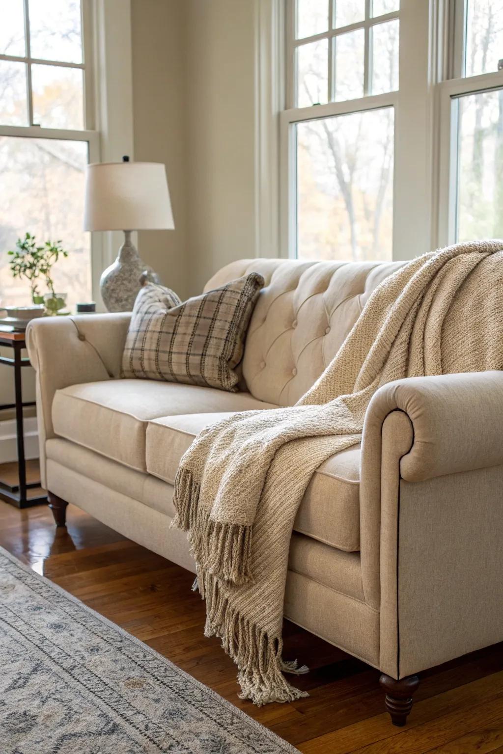 A soft throw blanket adds comfort and seasonal flair to an oatmeal sofa.